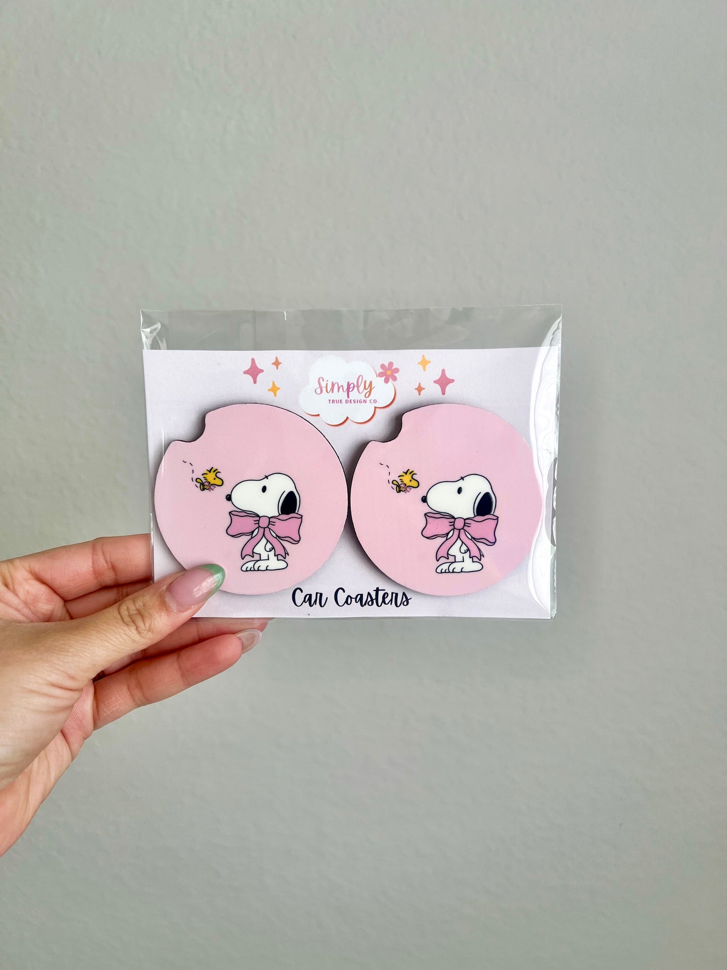 Pink Bow Snoopy Car Coaster Set