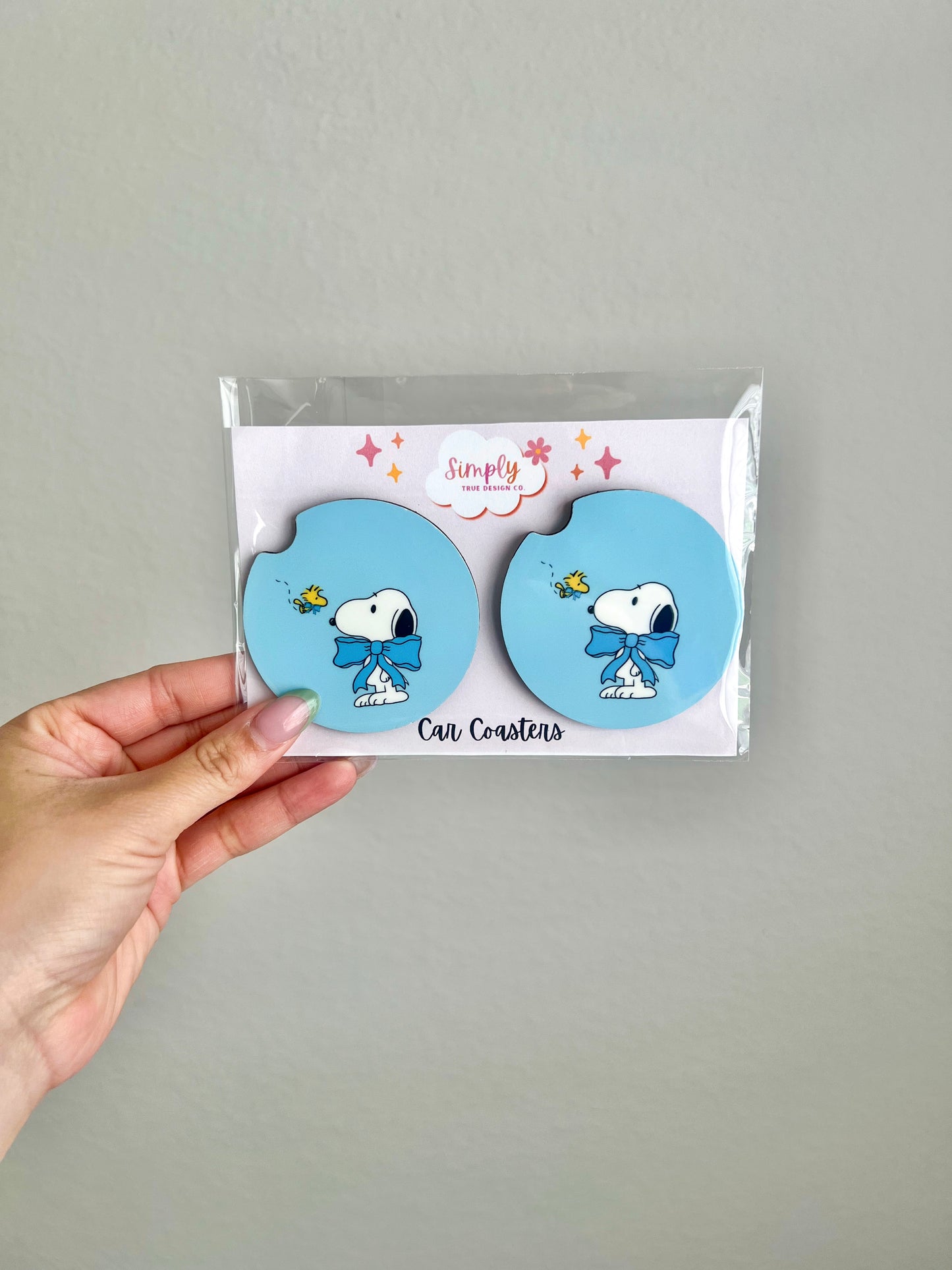 Blue Bow Snoopy Car Coaster Set